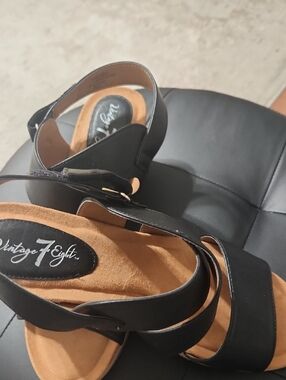 Vintage 7 Eight Black Leather Slingback Mules